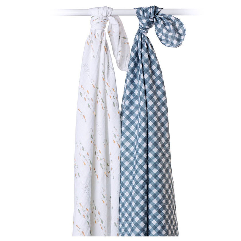 Lulujo Cotton Swaddles (2Pack) Fish & Navy Gingham