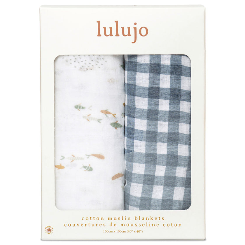 Lulujo Cotton Swaddles (2Pack) Fish & Navy Gingham