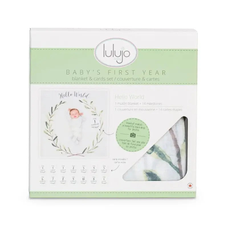 Lulujo Babys First Year Muslin Blanket & Cards Set (100x100CM) Hello World