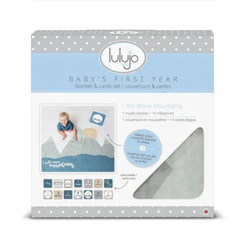 Lulujo Babys First Year Muslin Blanket & Cards Set (100x100CM) I Will Move Mountains