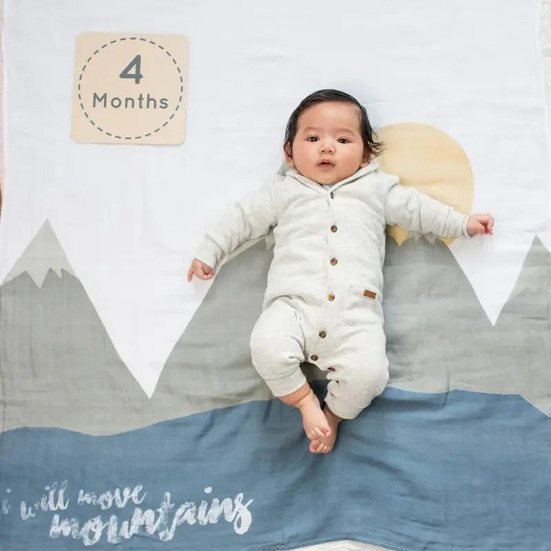 Lulujo Babys First Year Muslin Blanket & Cards Set (100x100CM) I Will Move Mountains
