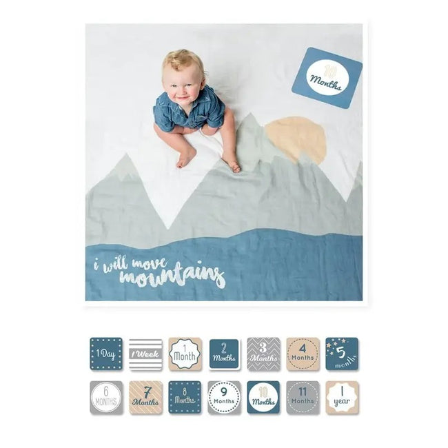 Lulujo Babys First Year Muslin Blanket & Cards Set (100x100CM) I Will Move Mountains