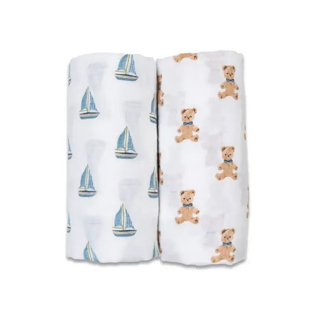 Lulujo Cotton Muslin Blankets (2Pack 100X100CM) Vintage Teddy & Sailboats