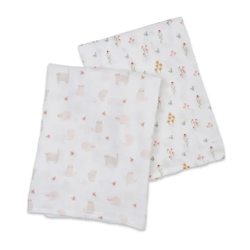 Lulujo Cotton Swaddles (2Pack) Kitty Cat & Flower Field