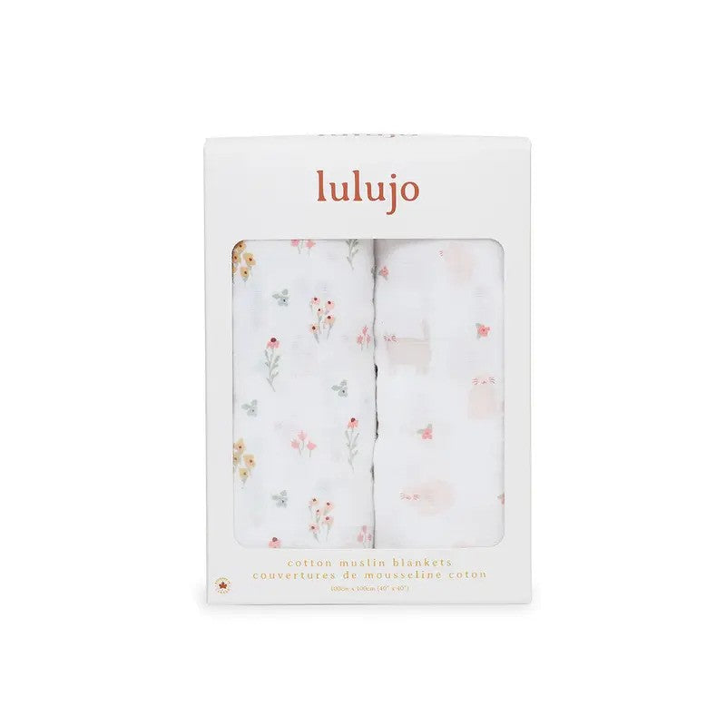 Lulujo Cotton Swaddles (2Pack) Kitty Cat & Flower Field