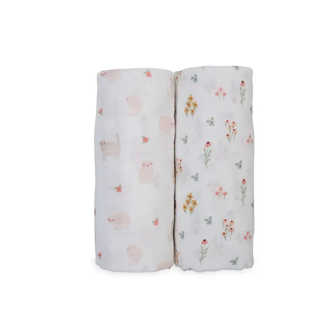 Lulujo Cotton Swaddles (2Pack) Kitty Cat & Flower Field