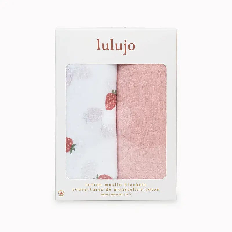 Lulujo Cotton Muslin Blankets (2Pack 100x100CM) Strawberry & Ballet Slipper