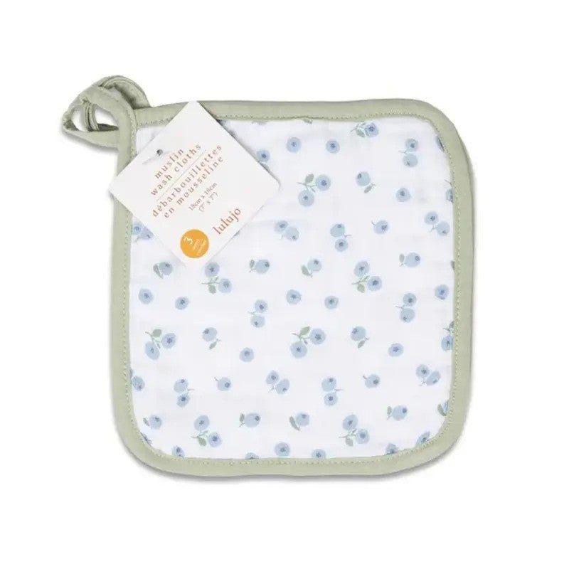 Lulujo Cotton Wash Cloths (3Pack) White, Greenery & Blueberries