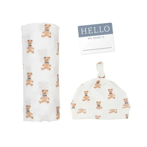 Lulujo Hello World Muslin Swaddle Blanket & Hat Set (0-4M) Vintage Bear
