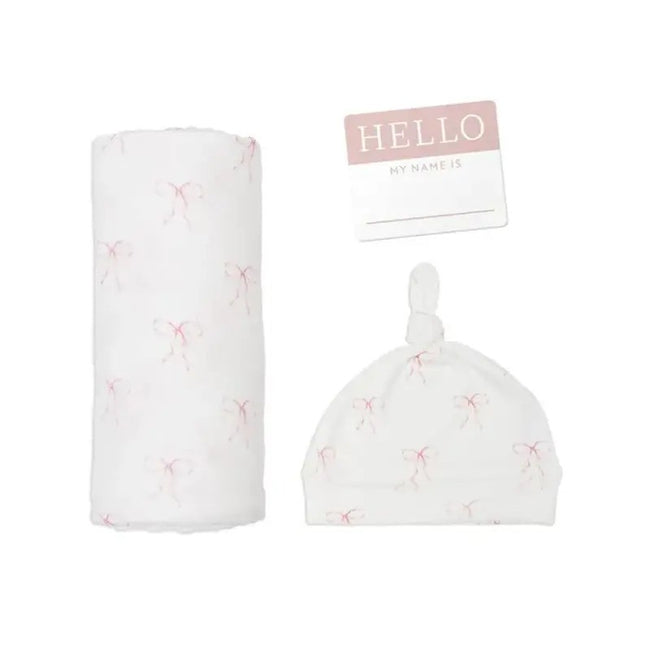 Lulujo Hello World Muslin Swaddle Blanket & Hat Set (0-4M) Vintage Bows