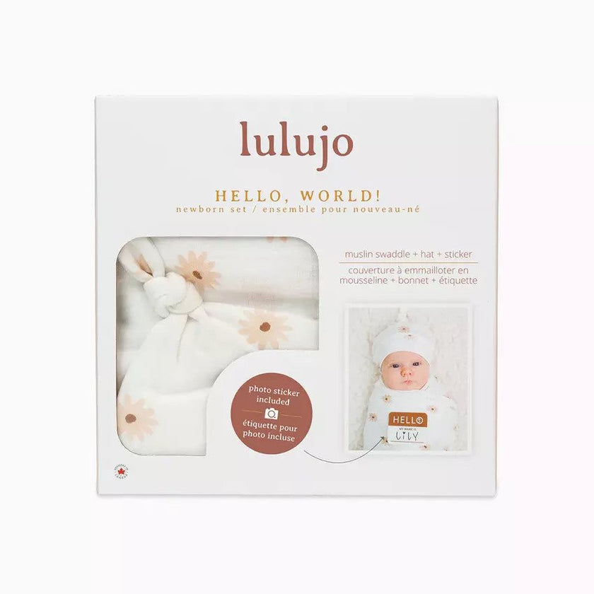 Lulujo Hello World Muslin Swaddle Blanket & Hat Set (0-4M) Daisies
