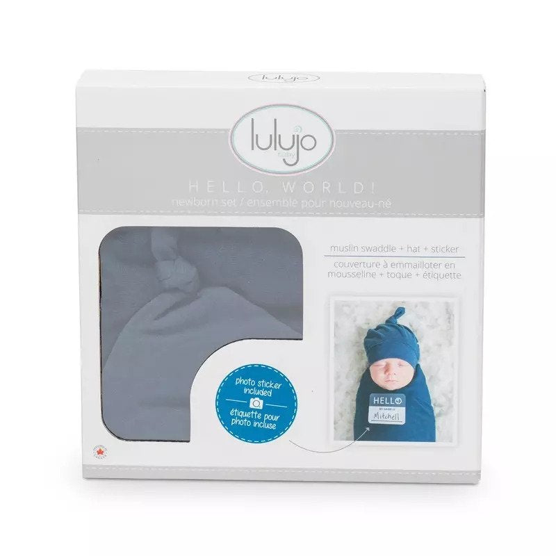 Lulujo Hello World (Bamboo Hat & Swaddle Blanket) Set Navy