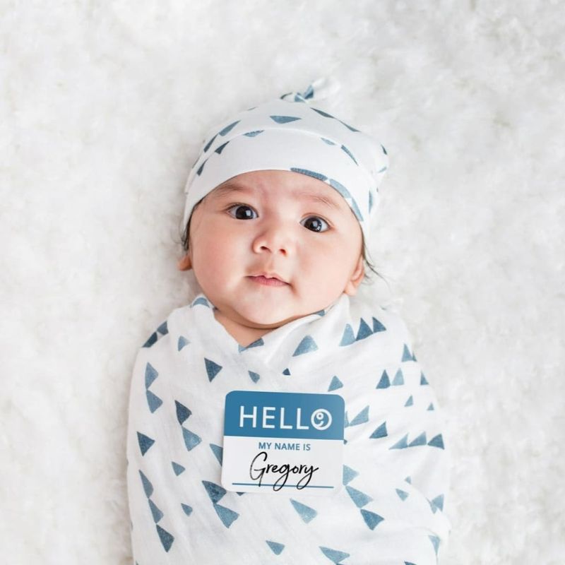 Lulujo Hello World (Bamboo Hat & Swaddle Blanket) Set Triangle Blue
