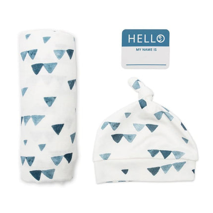 Lulujo Hello World (Bamboo Hat & Swaddle Blanket) Set Triangle Blue