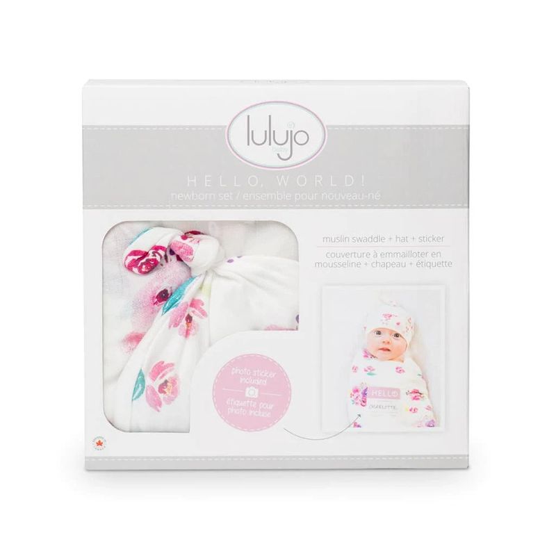 Lulujo Hello World Muslin Swaddle Blanket & Hat Set (0-4M) Posies