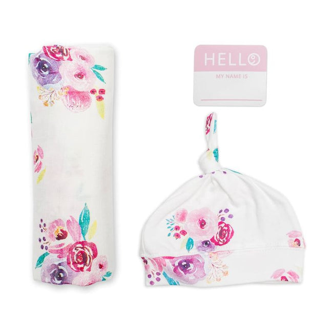 Lulujo Hello World (Bamboo Hat & Swaddle Blanket) Set Posies