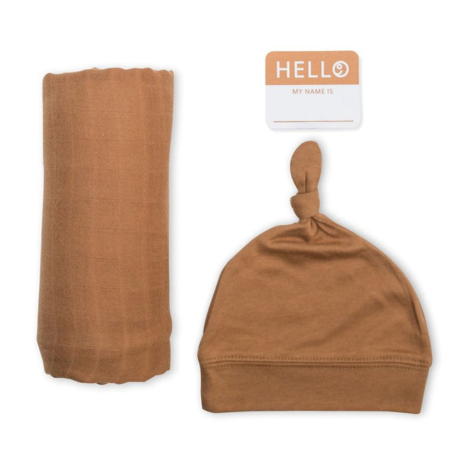 Lulujo Hello World (Bamboo Hat & Swaddle Blanket) Tan