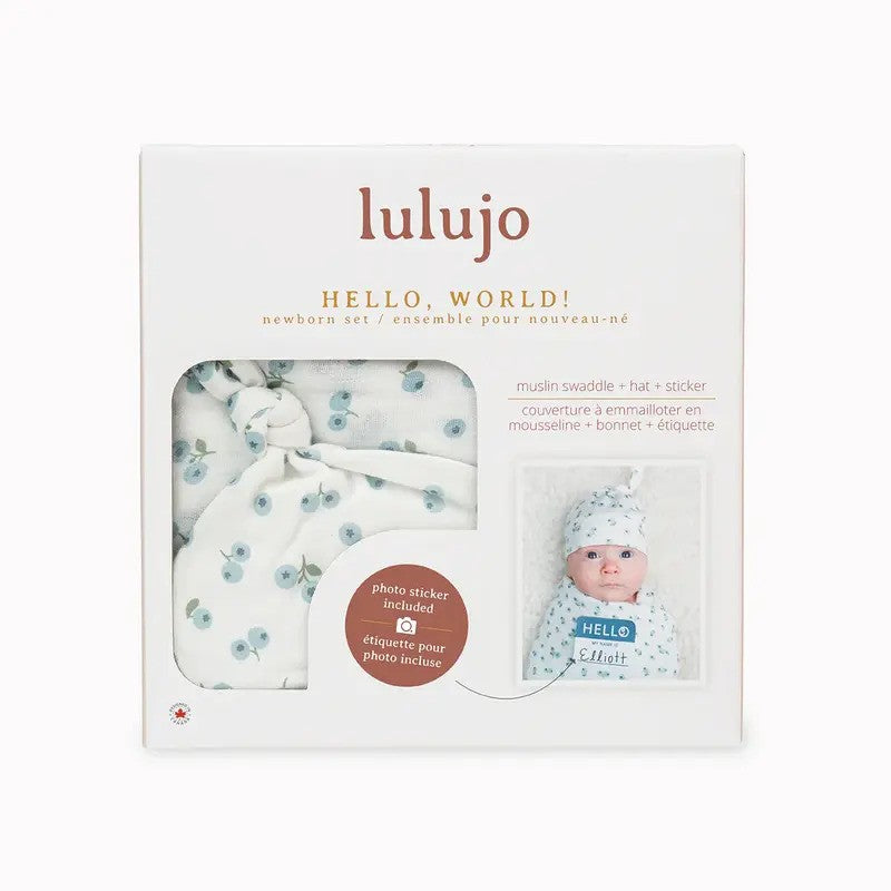 Lulujo Hello World Muslin Swaddle Blanket & Hat Set (0-4M) Blueberries
