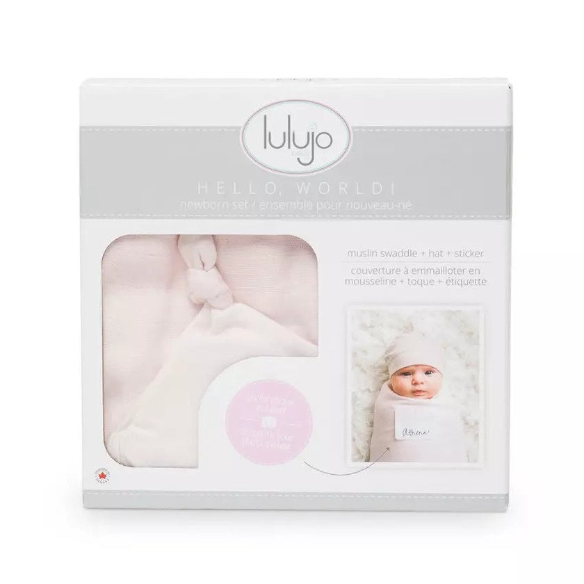 Lulujo Hello World Muslin Swaddle Blanket & Hat Set (0-4M) Pink