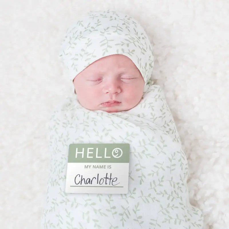 Lulujo Muslin Swaddle Blanket Hat & Sticker NB Set (0-4M) Greenery