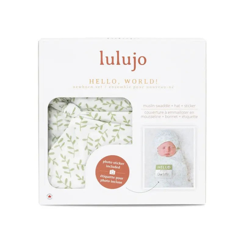 Lulujo Muslin Swaddle Blanket Hat & Sticker NB Set (0-4M) Greenery