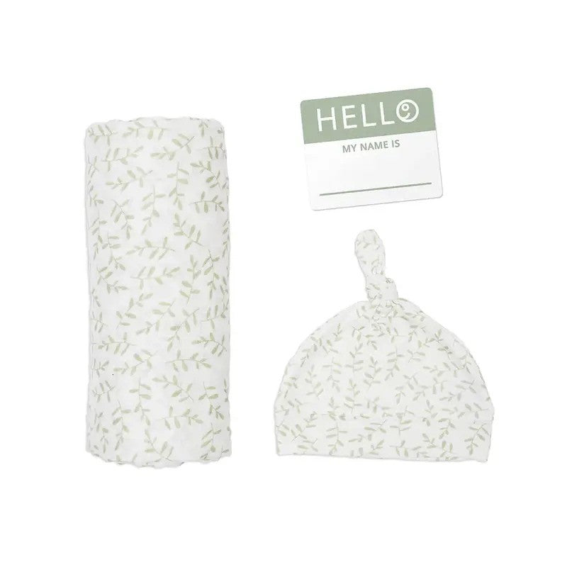 Lulujo Muslin Swaddle Blanket Hat & Sticker NB Set (0-4M) Greenery