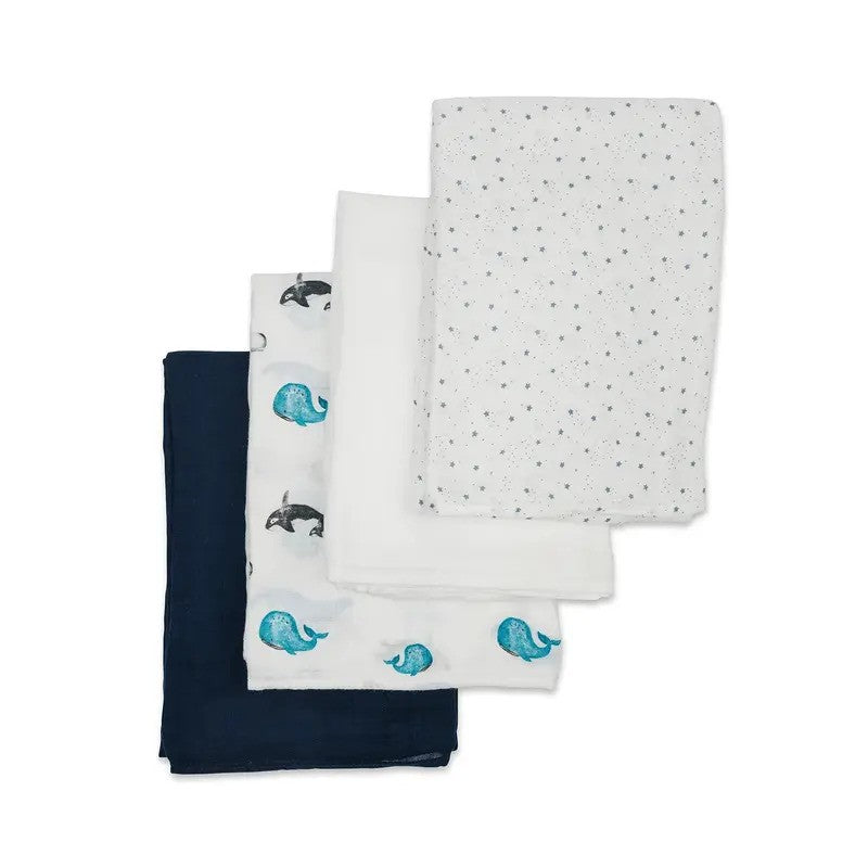 Lulujo Muslin Swaddle Blankets (4Pack) Whales & Stars