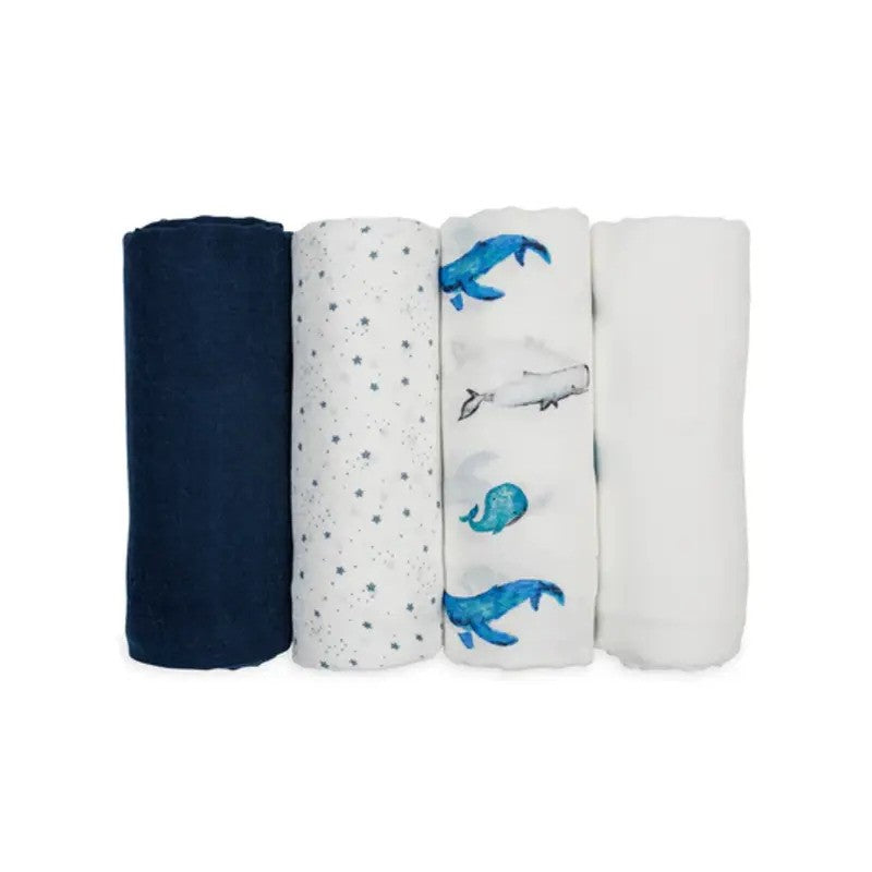 Lulujo Muslin Swaddle Blankets (4Pack) Whales & Stars