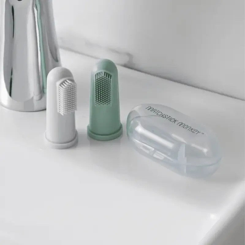 Matchstick Monkey 2x Finger Toothbrush & Case Grey & Mint Green (3M Plus)
