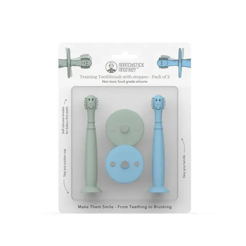 Matchstick Monkey Training Toothbrush With Stopper Mint Green & Light Blue (3M Plus)