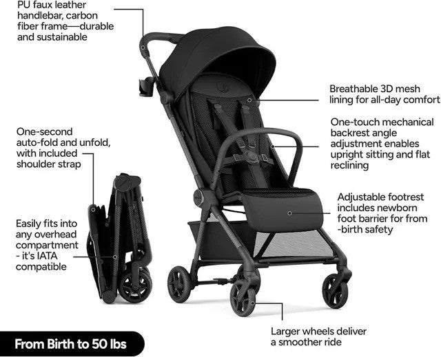 Mompush Nexis Carbon Fiber Frame Ultra-Lightweight Stroller Black (0M-Up to 22.7Kg)