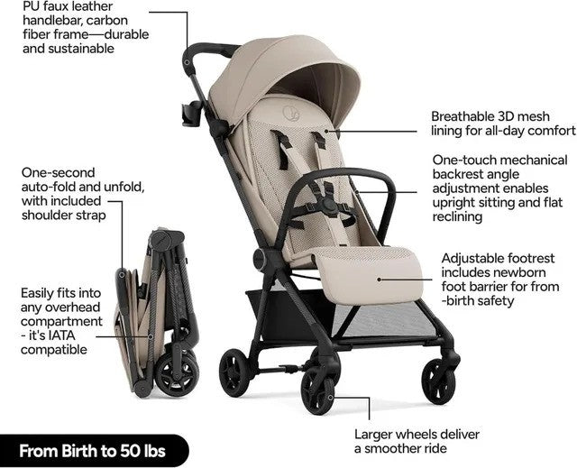 Mompush Nexis Carbon Fiber Frame Ultra-Lightweight Stroller Khaki (0M-Up to 22.7Kg)