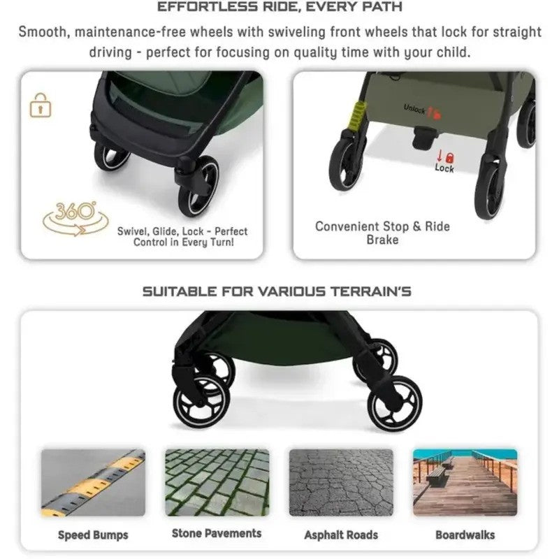 Neobreez DECA Ultra-Lightweight Stroller (Matt Black Frame) 0-4yrs Olive Green