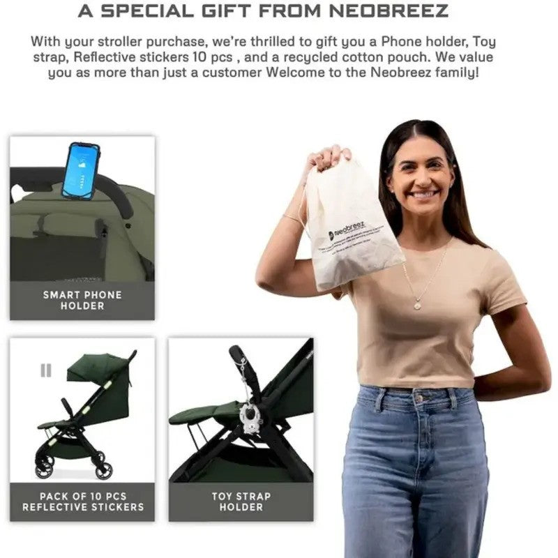 Neobreez DECA Ultra-Lightweight Stroller (Matt Black Frame) 0-4yrs Olive Green