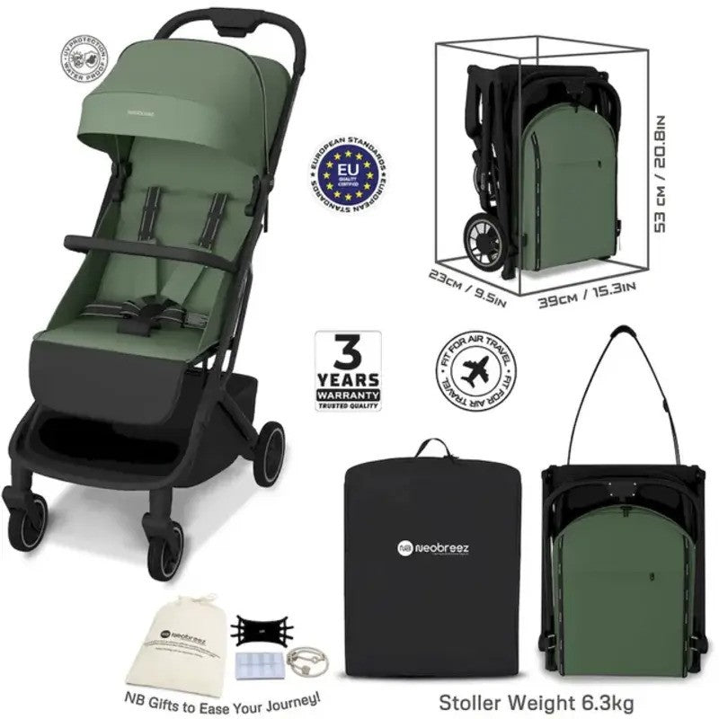 Neobreez NEOLITE Ultra-Compact Stroller (Matt Black Frame) 0-4yrs Olive Green Black