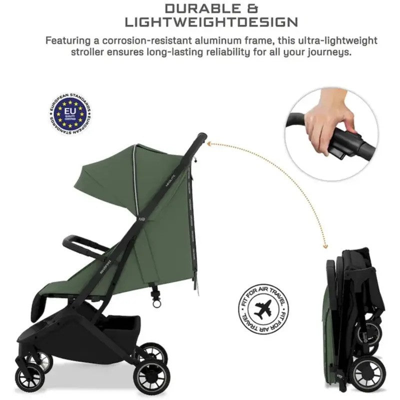 Neobreez NEOLITE Ultra-Compact Stroller (Matt Black Frame) 0-4yrs Olive Green Black