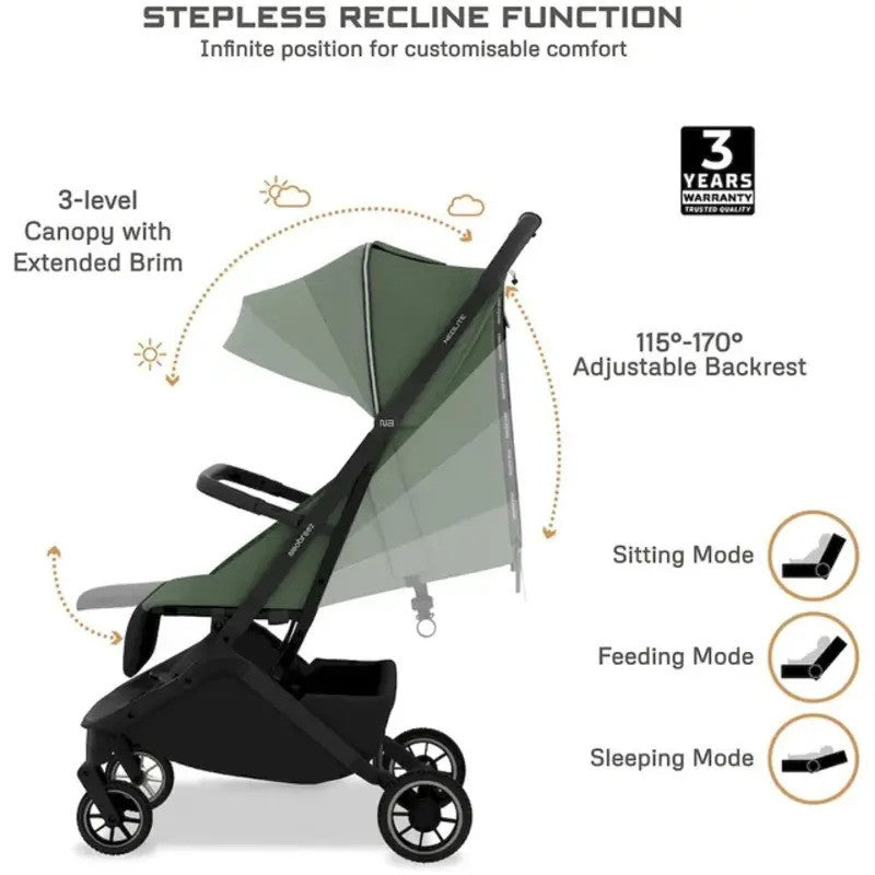 Neobreez NEOLITE Ultra-Compact Stroller (Matt Black Frame) 0-4yrs Olive Green Black