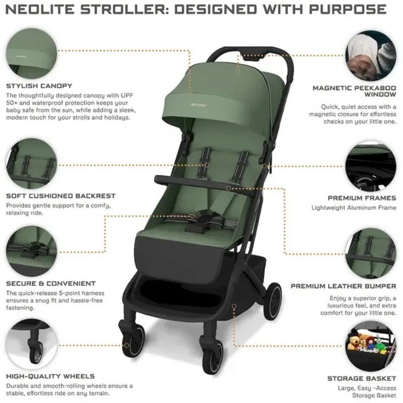 Neobreez NEOLITE Ultra-Compact Stroller (Matt Black Frame) 0-4yrs Olive Green Black