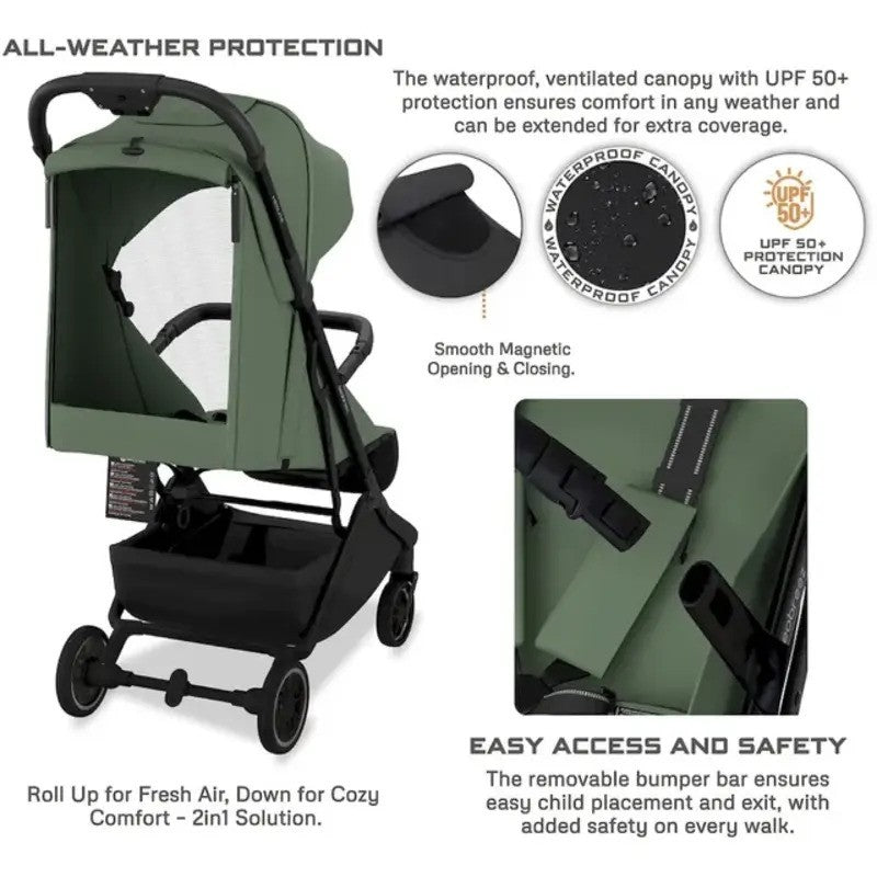Neobreez NEOLITE Ultra-Compact Stroller (Matt Black Frame) 0-4yrs Olive Green Black