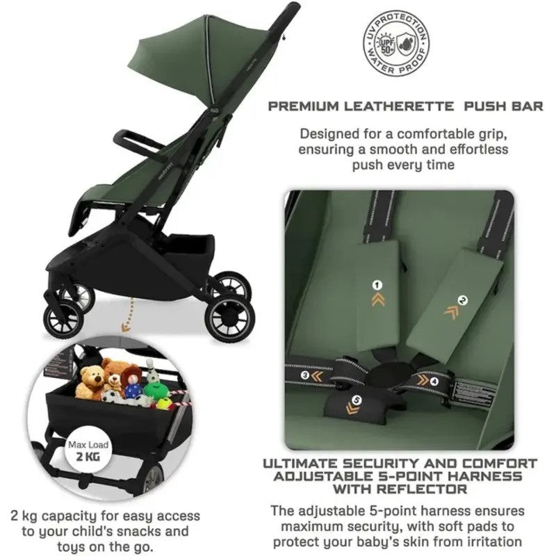 Neobreez NEOLITE Ultra-Compact Stroller (Matt Black Frame) 0-4yrs Olive Green Black