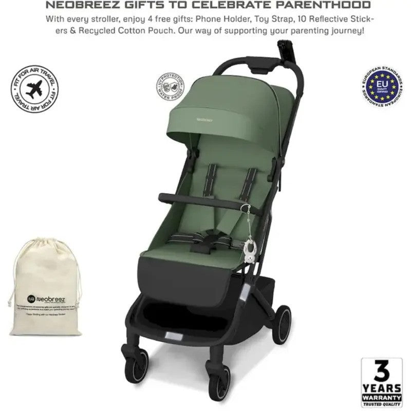 Neobreez NEOLITE Ultra-Compact Stroller (Matt Black Frame) 0-4yrs Olive Green Black