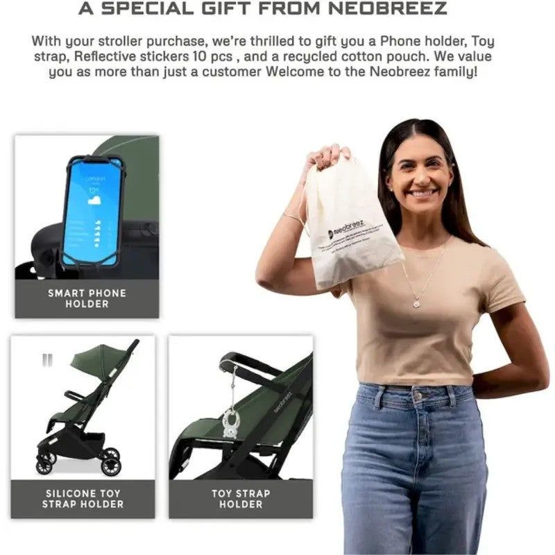 Neobreez NEOLITE Ultra-Compact Stroller (Matt Black Frame) 0-4yrs Olive Green Black