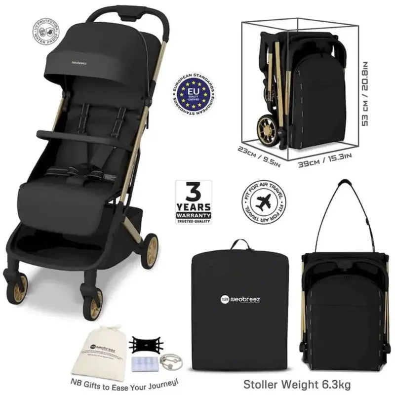 Neobreez NEOLITE Ultra-Compact Stroller (Rosegold Frame) 0-4yrs Black