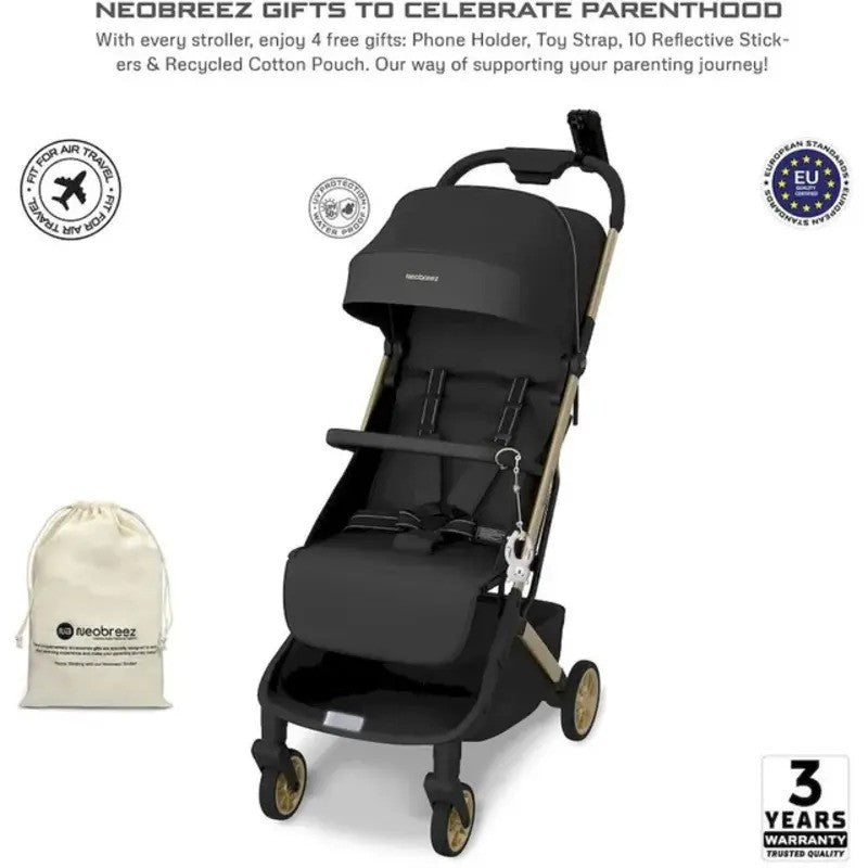 Neobreez NEOLITE Ultra-Compact Stroller (Rosegold Frame) 0-4yrs Black