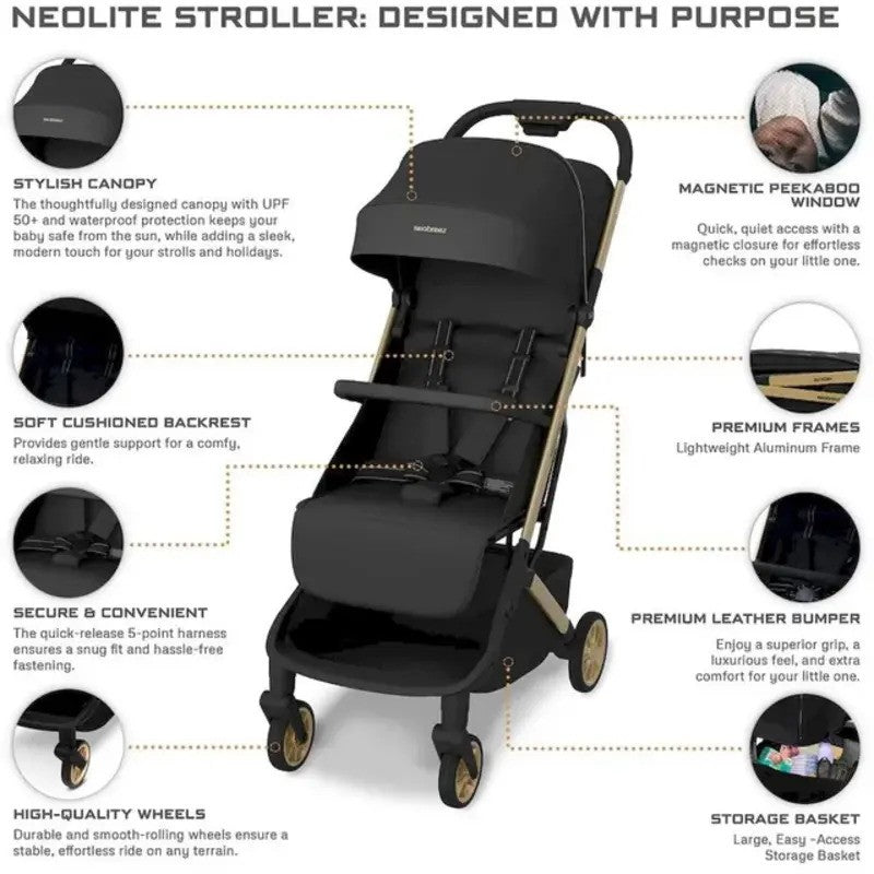 Neobreez NEOLITE Ultra-Compact Stroller (Rosegold Frame) 0-4yrs Black