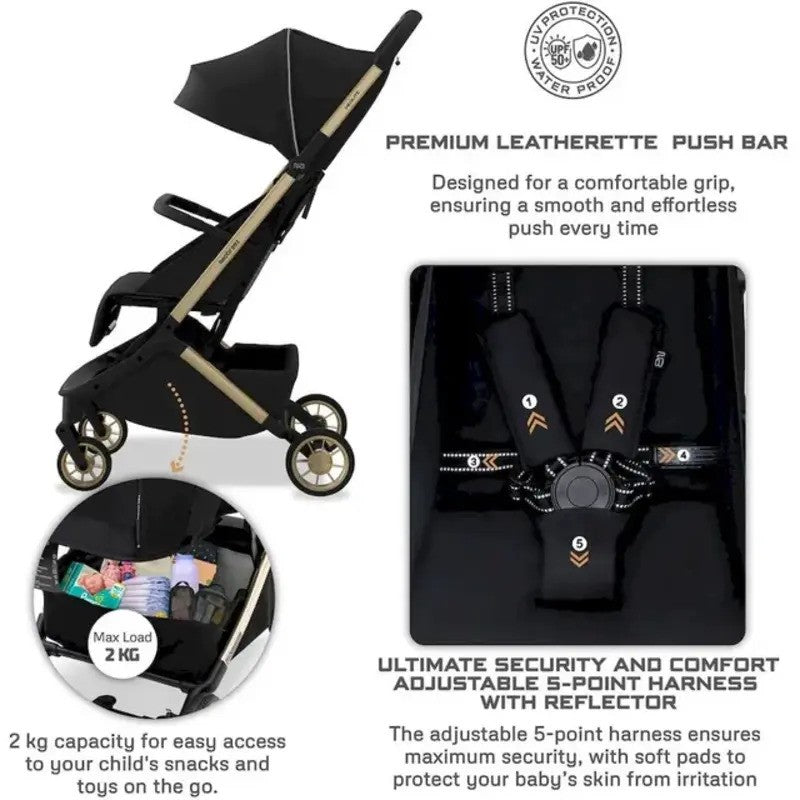 Neobreez NEOLITE Ultra-Compact Stroller (Rosegold Frame) 0-4yrs Black