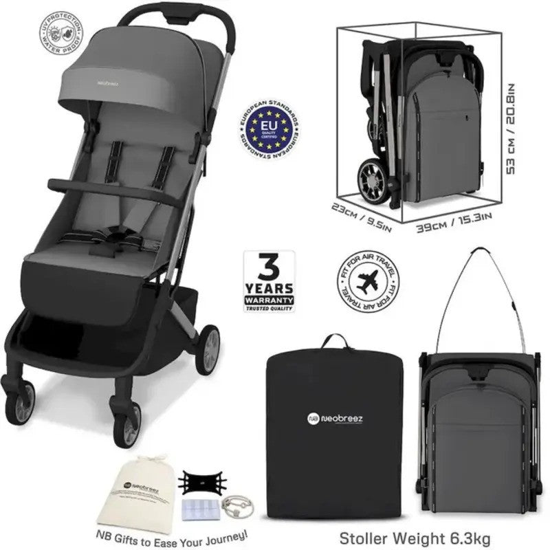 Neobreez NEOLITE Ultra-Compact Stroller (Silver Frame) 0-4yrs Dark Grey Black