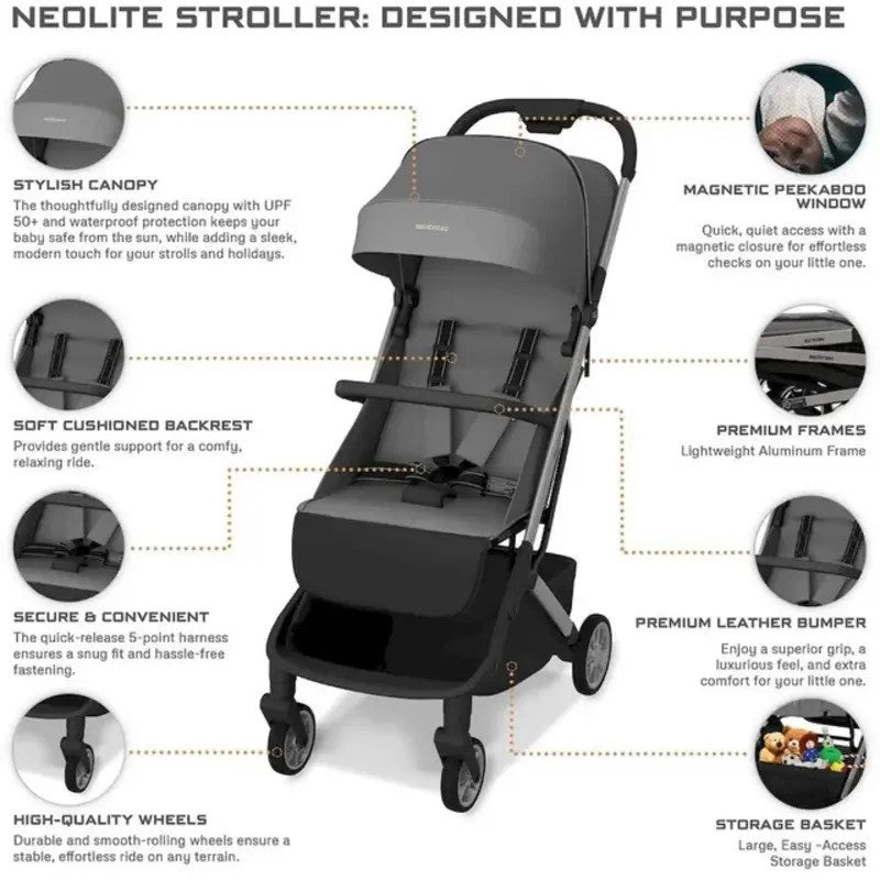 Neobreez NEOLITE Ultra-Compact Stroller (Silver Frame) 0-4yrs Dark Grey Black