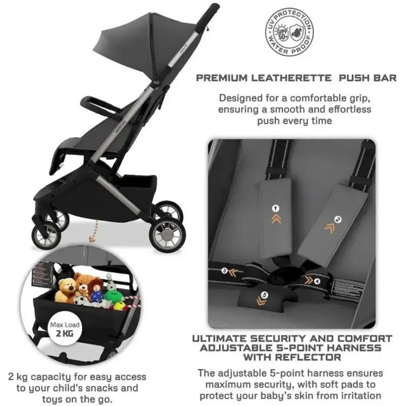 Neobreez NEOLITE Ultra-Compact Stroller (Silver Frame) 0-4yrs Dark Grey Black