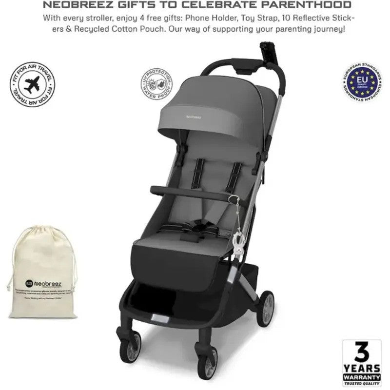Neobreez NEOLITE Ultra-Compact Stroller (Silver Frame) 0-4yrs Dark Grey Black